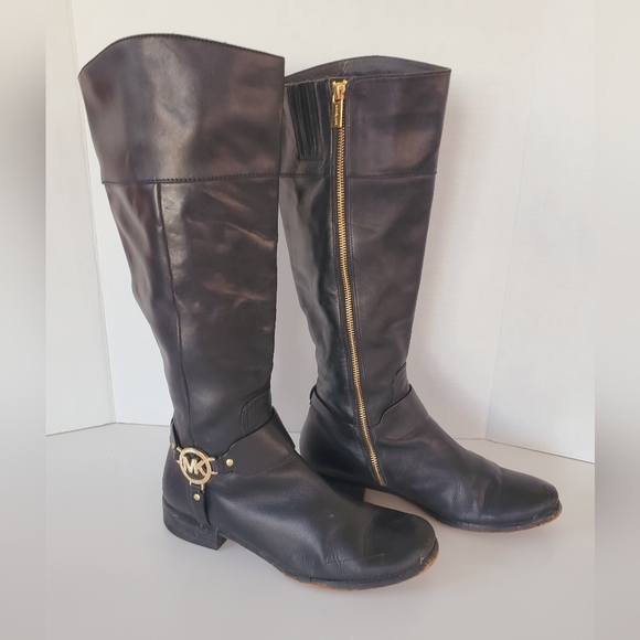 Michael Kors Fulton Harness Riding Boots Pull On Tall Black Rain Snow Size 10 M - Picture 2 of 15